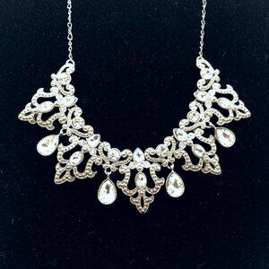 Crown Trifari silver tone pear cut rhinestone statement necklace